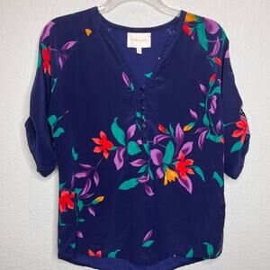 Anthropologie Yumi Kim Navy Silk Floral Blouse Sz XS